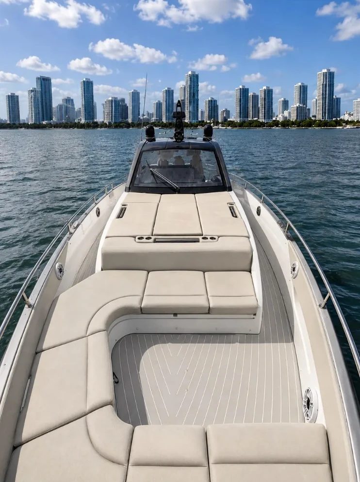 The foredeck sunpad and bow lounge, downtown Miami beyond
