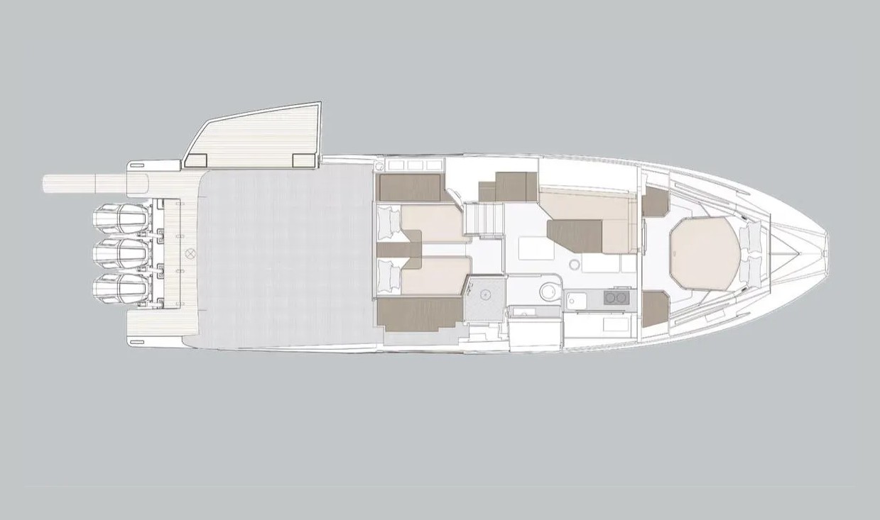 General arrangement of the Azimut Verve 48: triple outboards and swim platform aft, cockpit and sunpad amidships, two cabins, head and galley forward