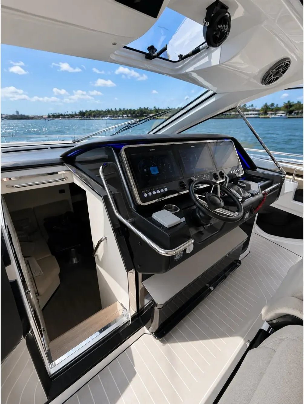 The helm station of the Verve 48, with the companionway down to the cabins